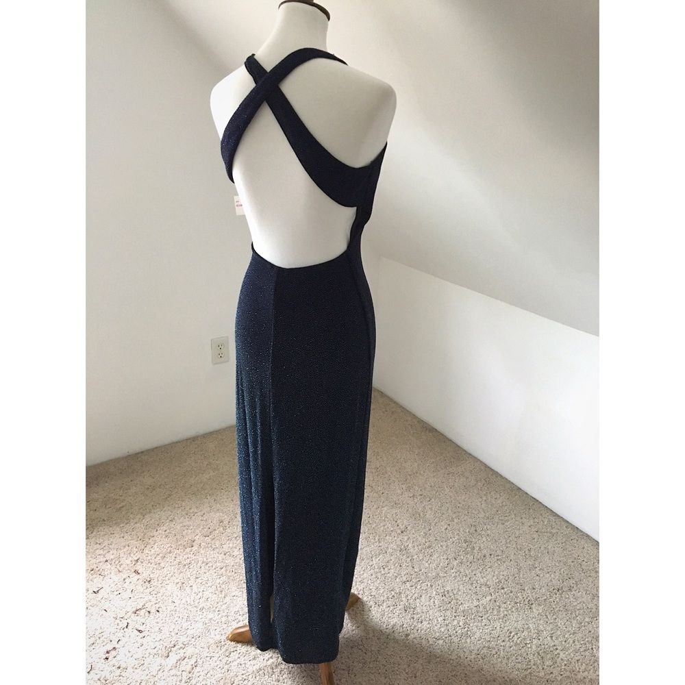 Vintage Y2K Navy Metallic Shimmer Open Back Maxi Dress NWT Size M - Picture 3 of 8